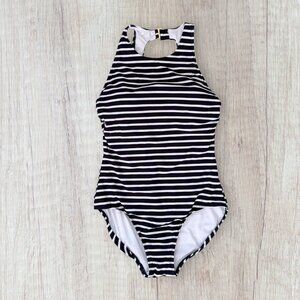 Lands’ End UPF 50 Tugless Full Coverage High Neck Striped One Piece Swimsuit L